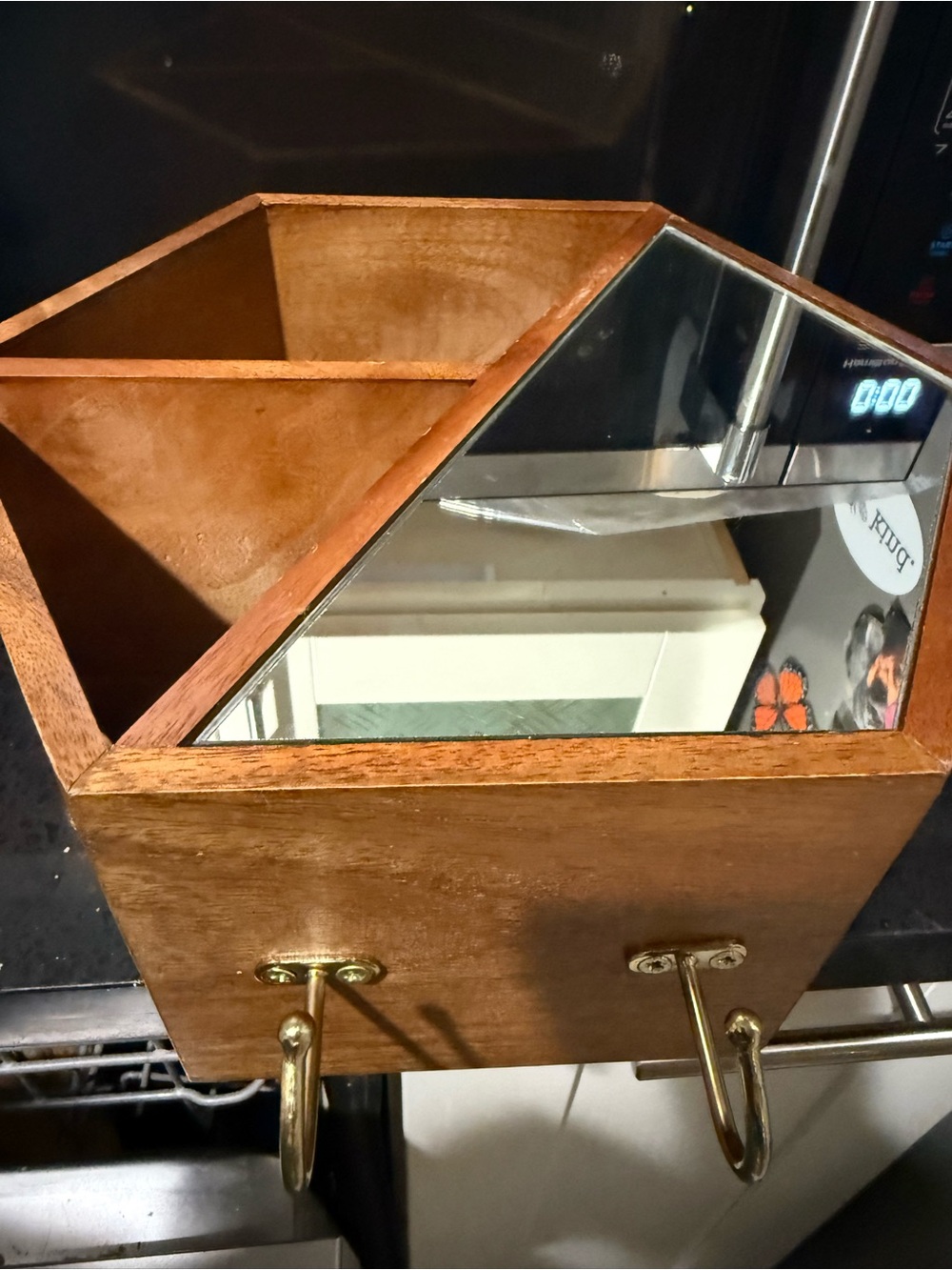 Vintage Wooden Wall Organizer with Mirror & Hooks -